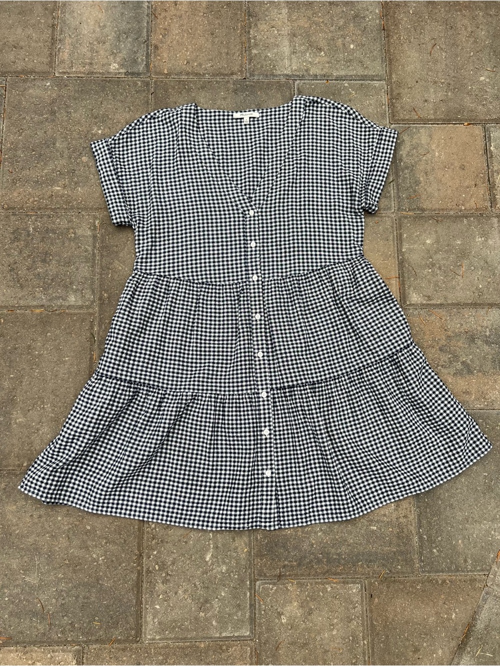 Madewell Button-Front Tiered Mini Dress in Gingham — Size S, 100% Cotton